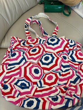 Lands' End Pink Red Blue Striped Umbrella Print Tote Bag